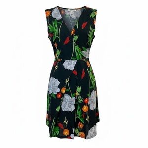 CAMILLA‎ TREE Black floral print faux wrap mini dress size M.